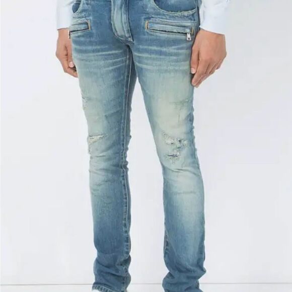 Balmain‎ Zipper Pocket Distressed Skinny Jeans Faded Blue 36 NWT - Picture 3 of 13